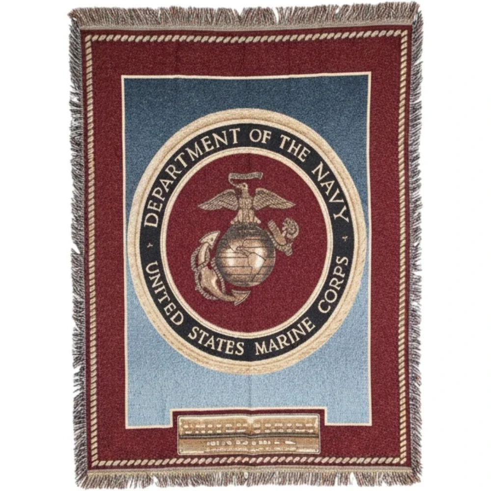 VTG US Marine USMC Department of the Navy Woven Tapestry Throw Blanket 58x46